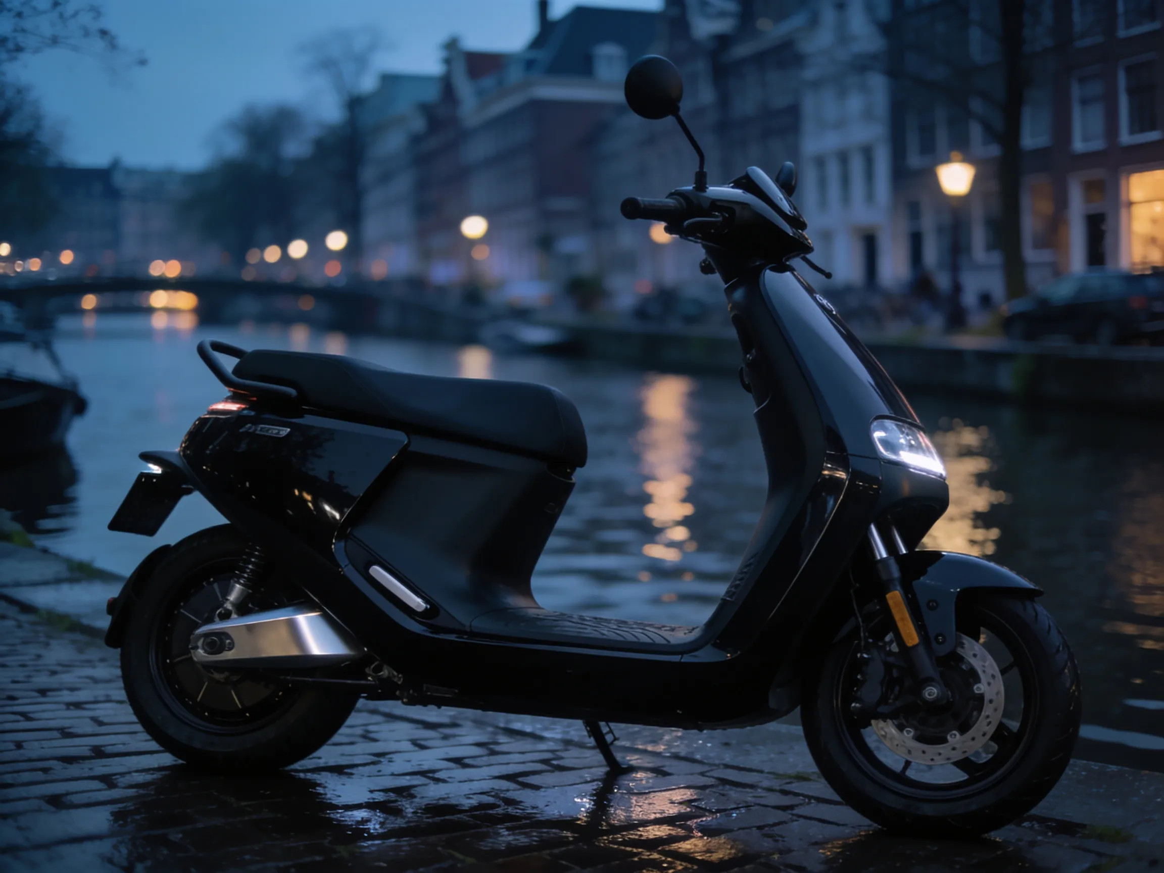 Elektrische scooter in de avond bij een Nederlandse gracht